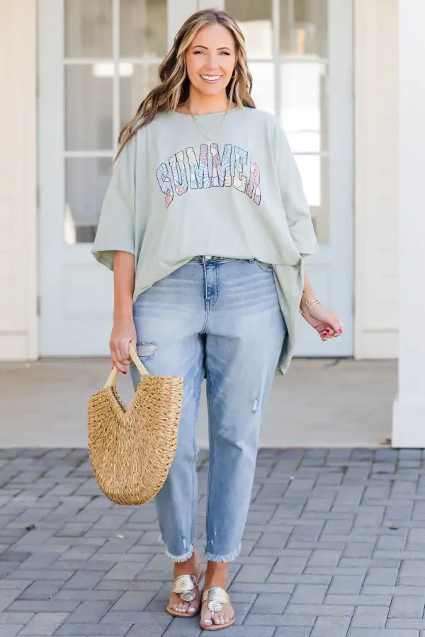 Summer Flowers Boyfriend Tee, Light Sage