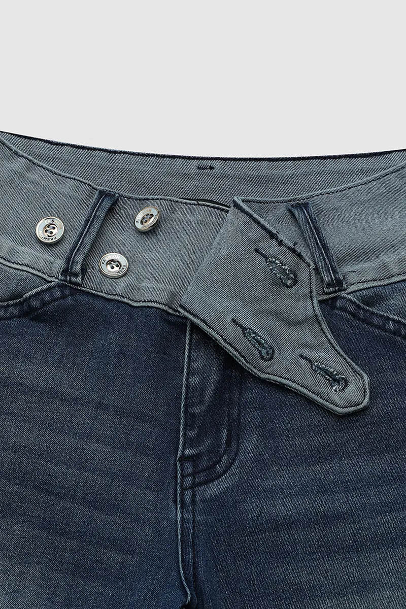 Two Tone Button Detail Ripped Roll Hem Mid Rise Denim Bermuda Shorts