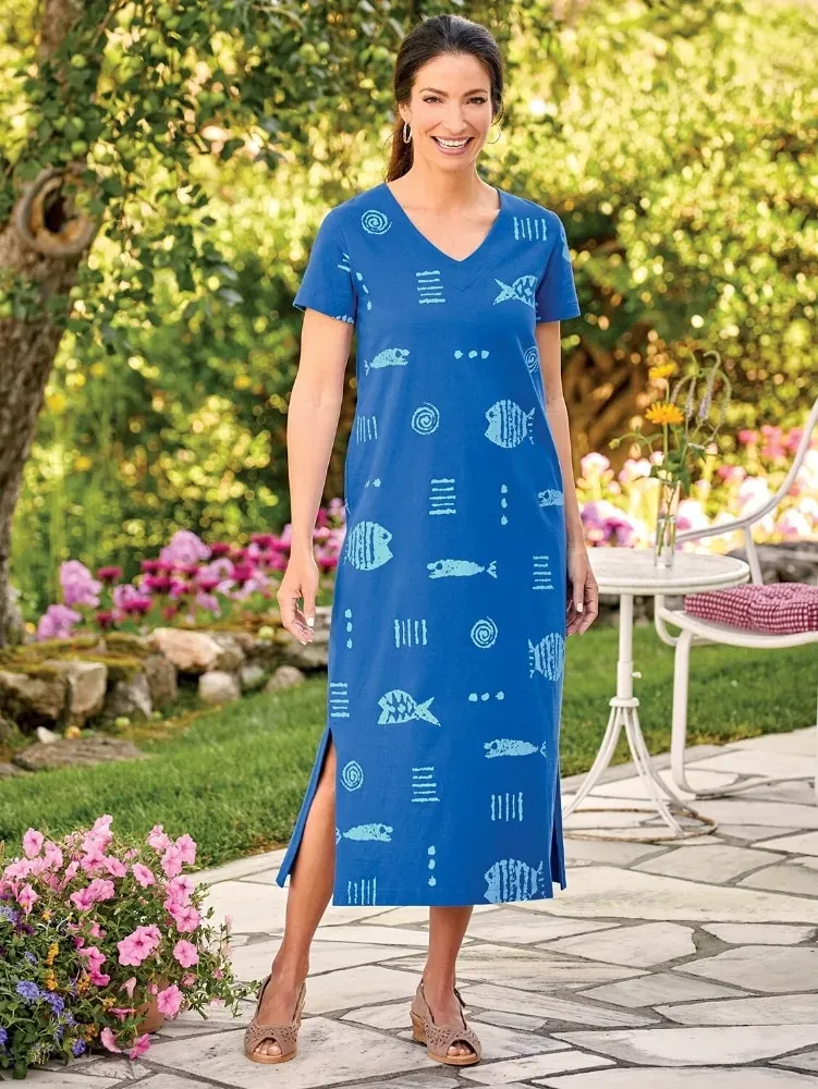 M.MAC Rock Fish Ankle-Length Cotton Knit V-Neck Dress