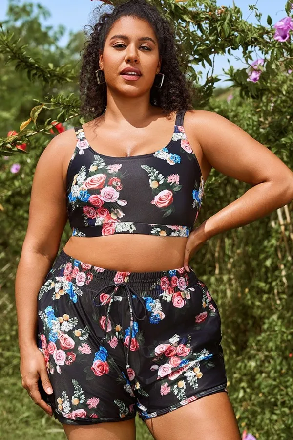 Floral Print Round Neck Wide Strap Bikini Top