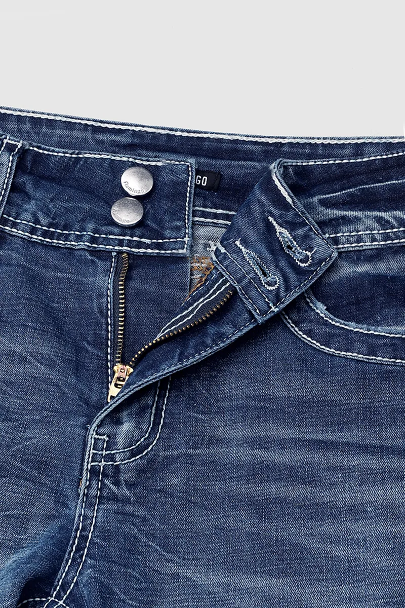 Double Button Ripped Roll Hem Mid Rise Denim Bermuda Shorts