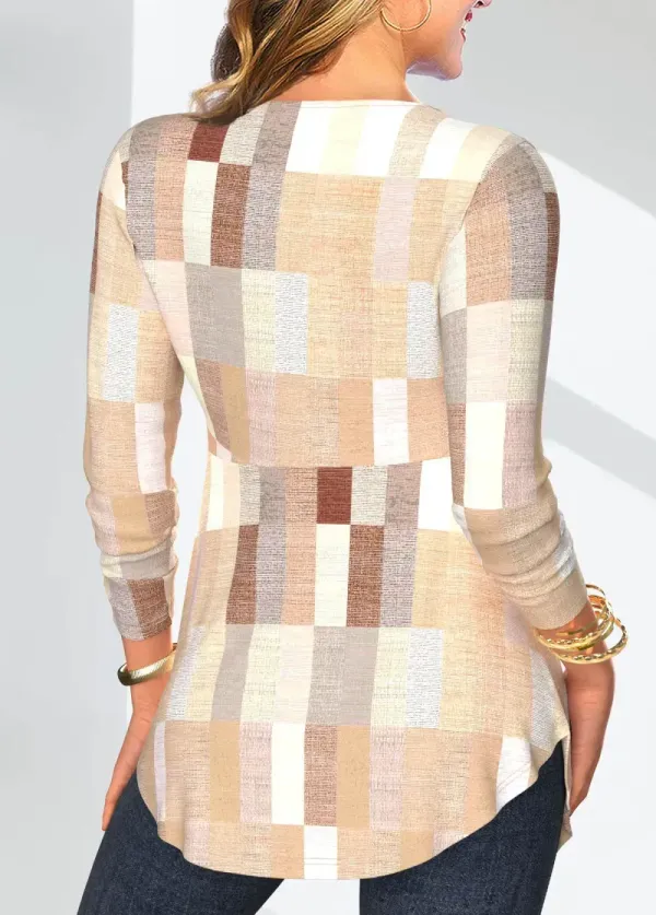 Skin Color Fake 2in1 Geometric Print Long Sleeve Blouse