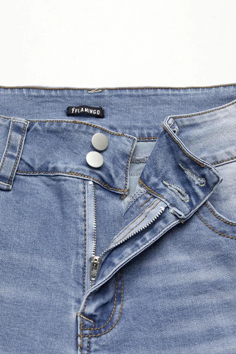 Wash Double Button Flap Pocket Mid Waist Straight Leg Jeans