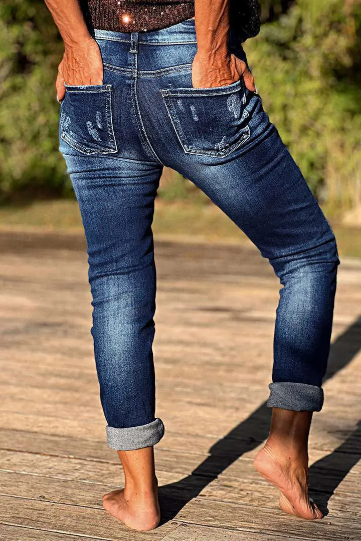 Cut Out Roll Hem High Waist Straight Leg Jeans