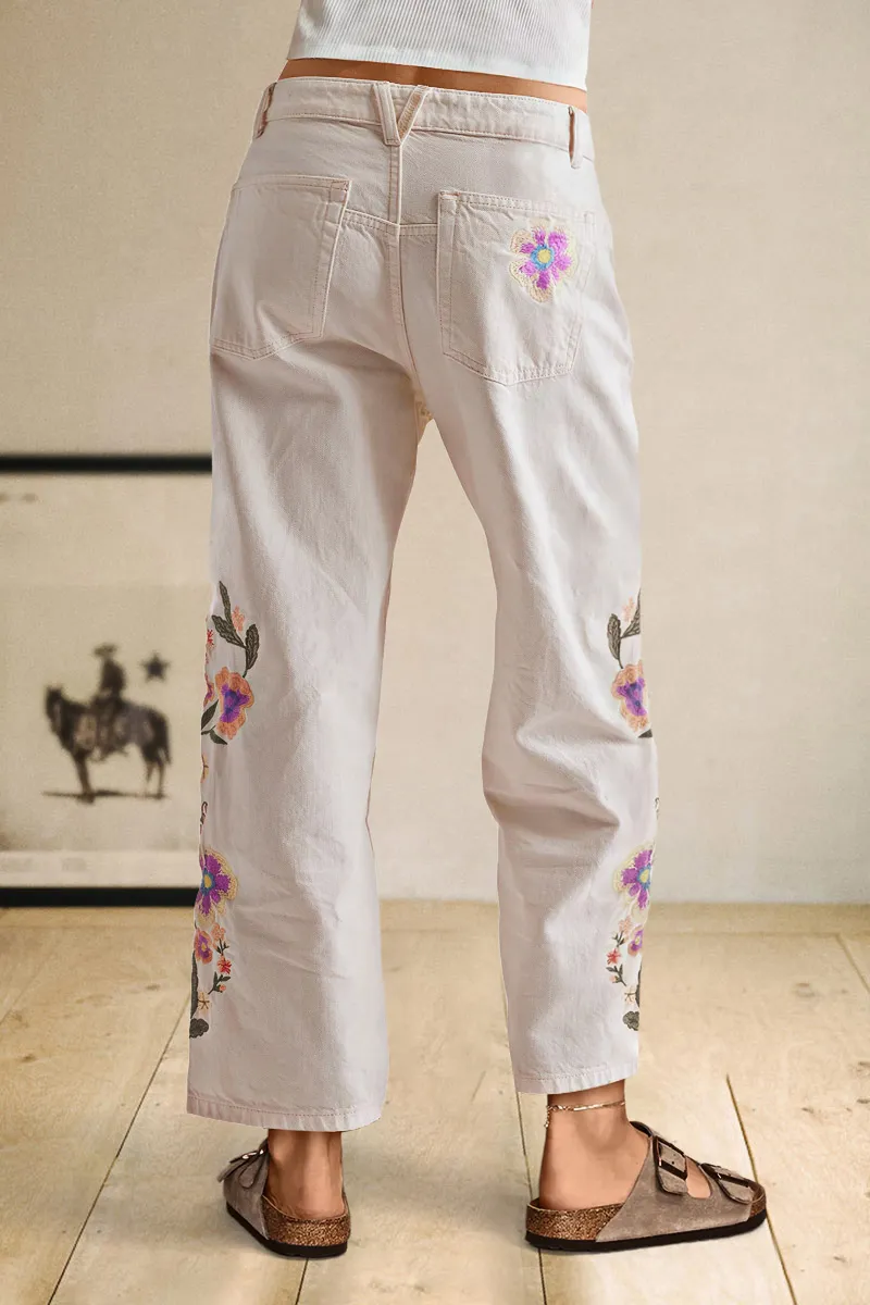 Floral Embroidery High Rise Straight Leg Crop Pants