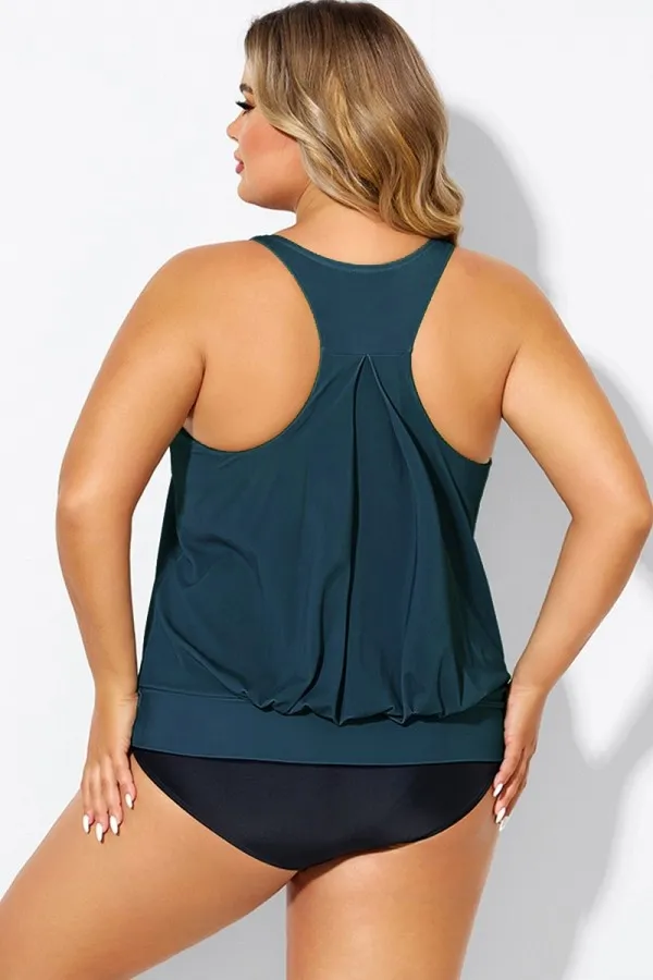 Green Racerback Tummy Control Blouson Tankini Top