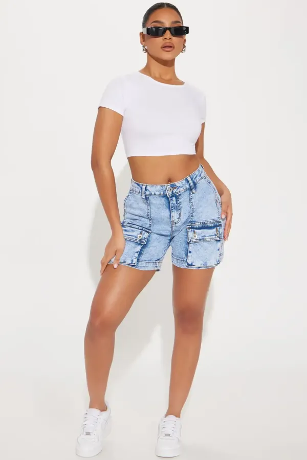 Once In A Lifetime Stretch Denim Cargo Shorts - Light Wash