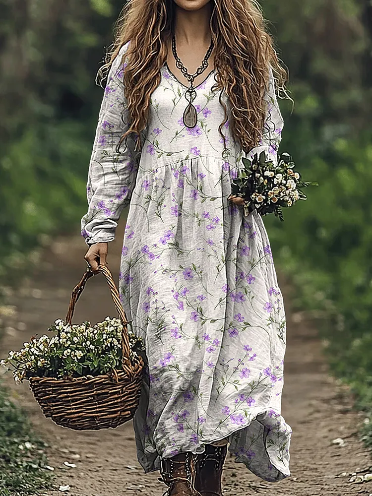 Vintage Wildflowers Floral Art Cozy Linen Blend Maxi Dress