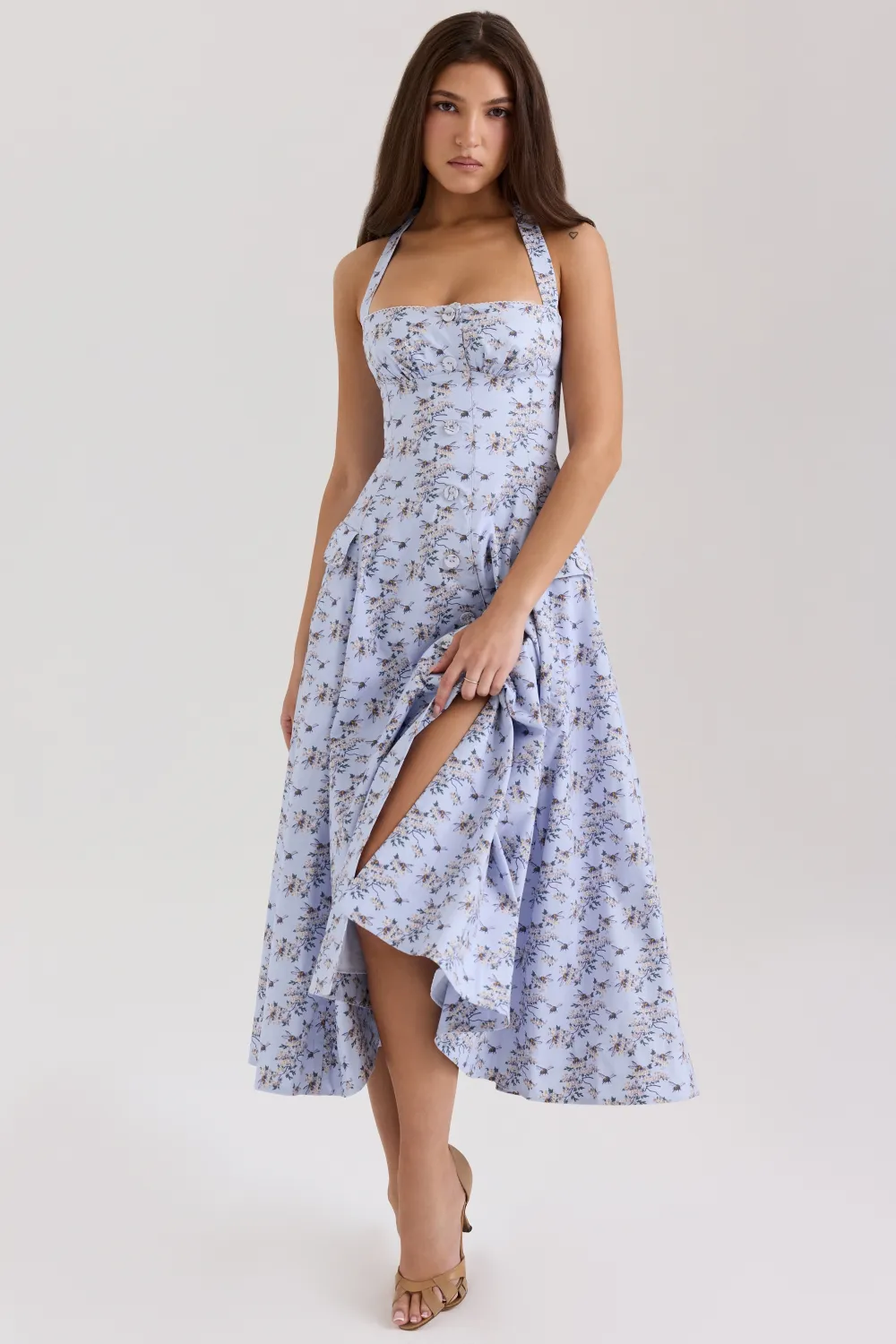 Blue Floral Print Stretch Cotton Halter Neck Midi Dress