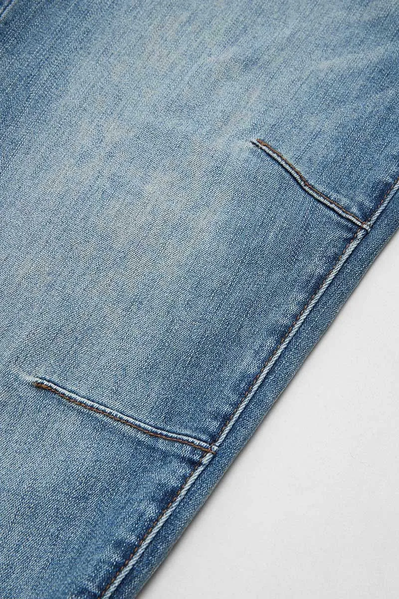 Wash Button Fly Stitch Detail Low Rise Straight Leg Jeans