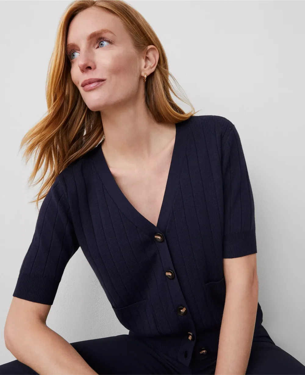 Ribbed Short-Sleeve Pocket Cardigan