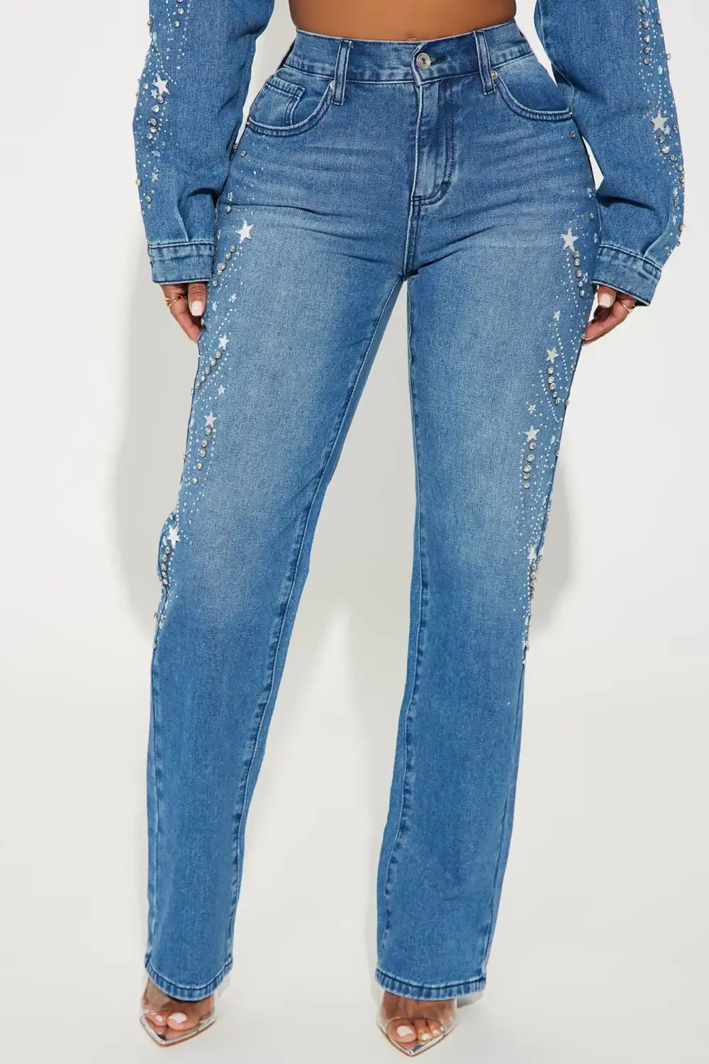 Starstruck Embellished Straight Leg Jeans - Medium Wash