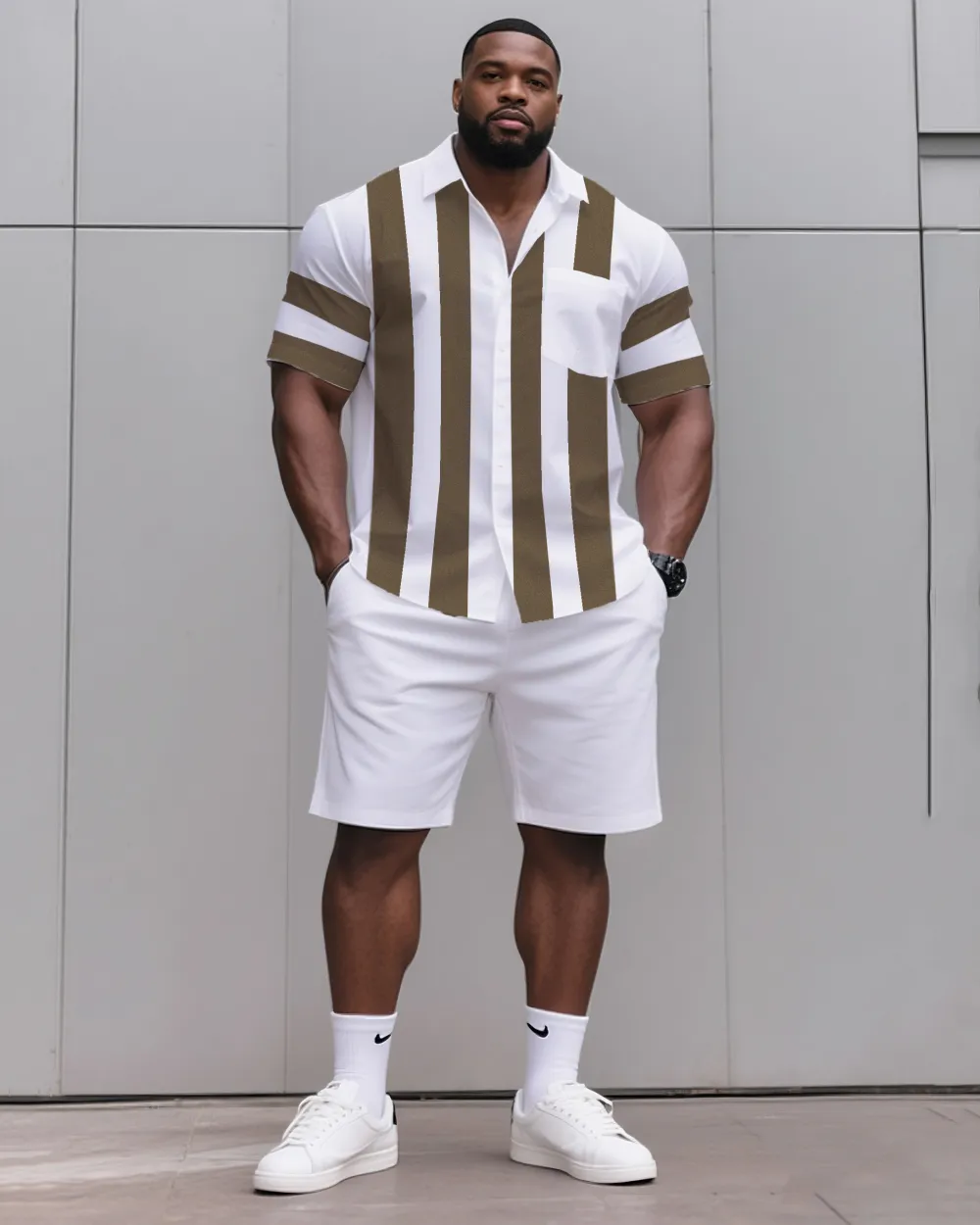 Big & Tall Men'S Daily Casual Khaki Striped Shirt Shorts Suit