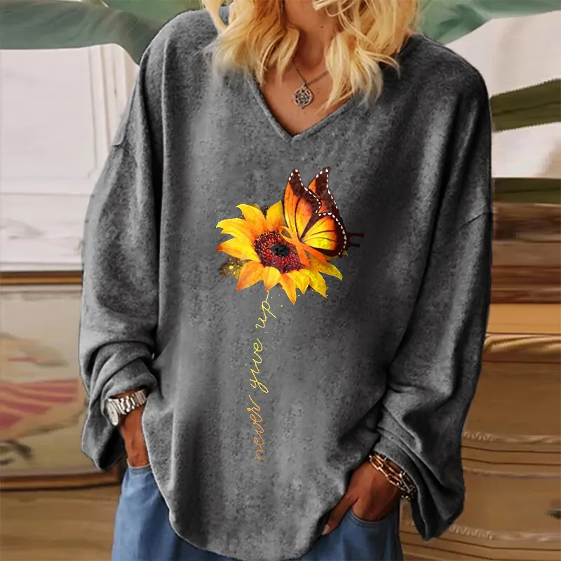 Never Give Up Printed Flower T-shirt