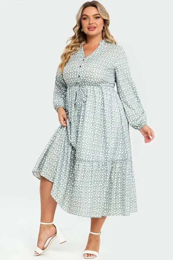 Dot Print Button Tie Waist Ruffled Hem Dress
