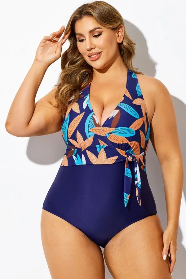 Tropical Print V-Neck Crossback One Piece Swimsuit