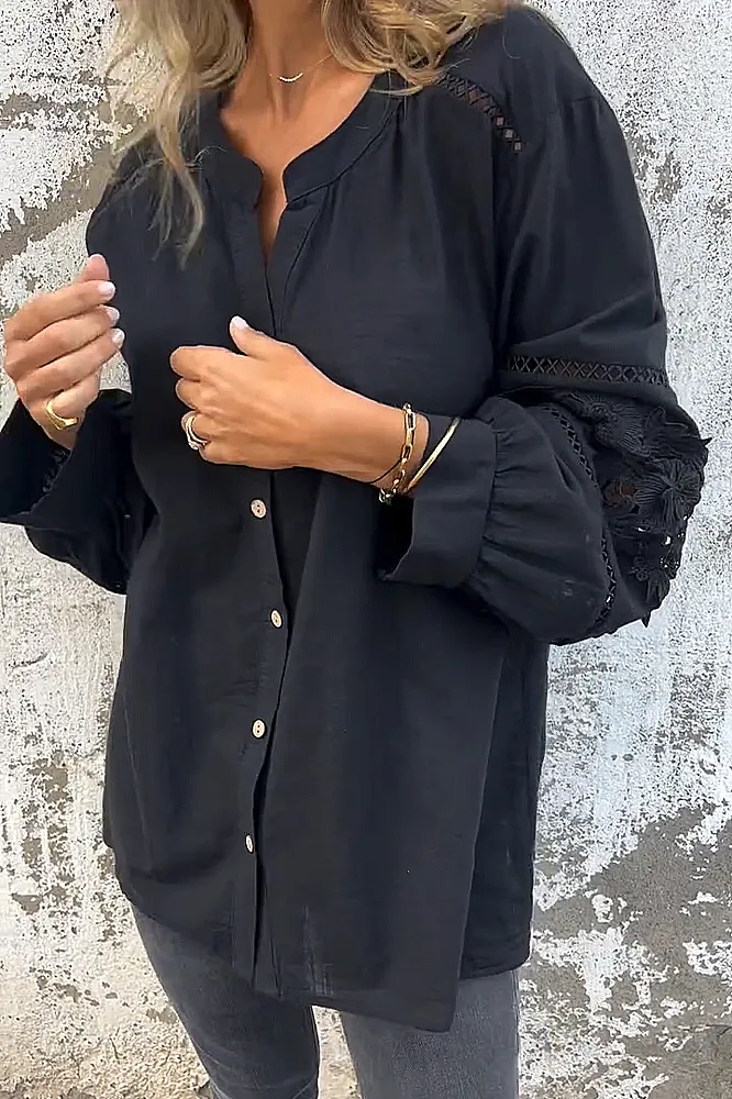 Women's solid color cotton and linen hollow out shirt