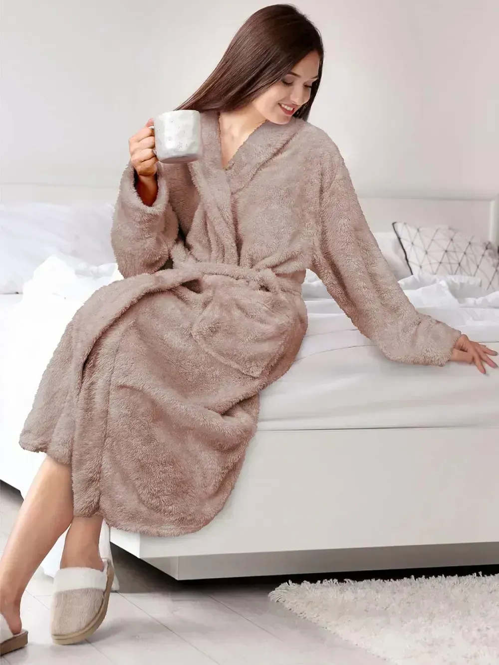 Premium Womens Plush Soft Robe Fluffy, Warm, Fleece Sherpa Shaggy Bathrobe