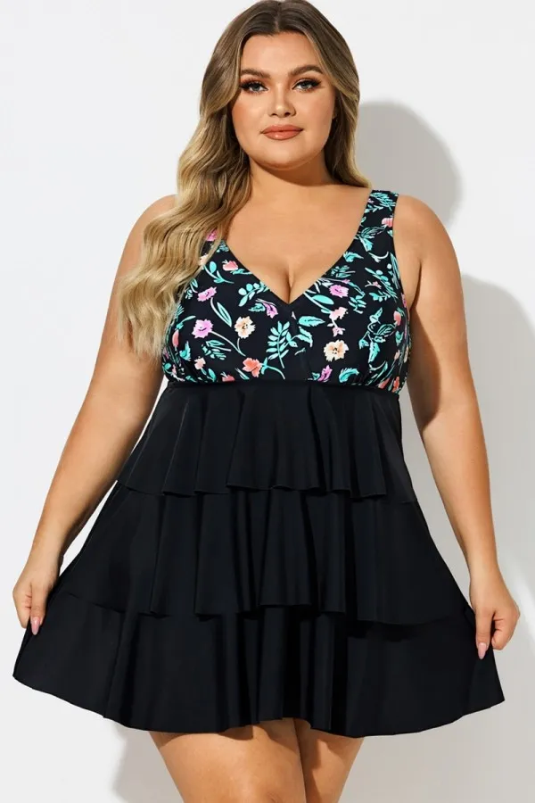 Plus Size Floral Print V-Neck Layered Swimdress