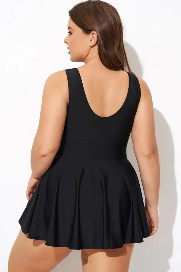 Black V-neck Wide Strap Crochet Detail Swimdress