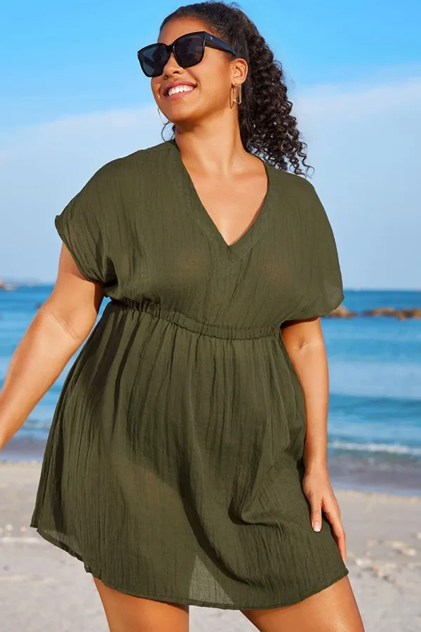 Dark Green V Neck Elastic Waisted Cover Up
