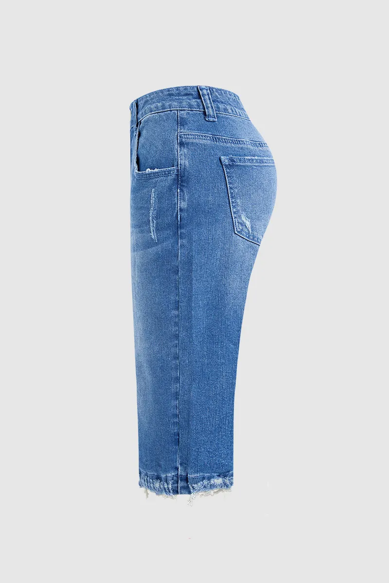 Wash Raw Hem Ripped Mid Waist Straight Leg Denim Bermuda Shorts