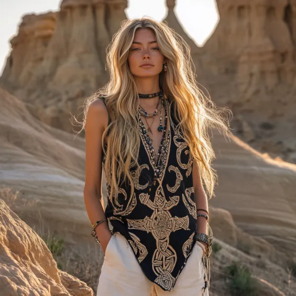 Women's Viking Tribal With Celtic Knot Pattern Art Linen Sleeveless Top