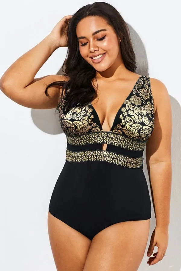 Black Lattice Plunge V-neck One Piece Swimsuit