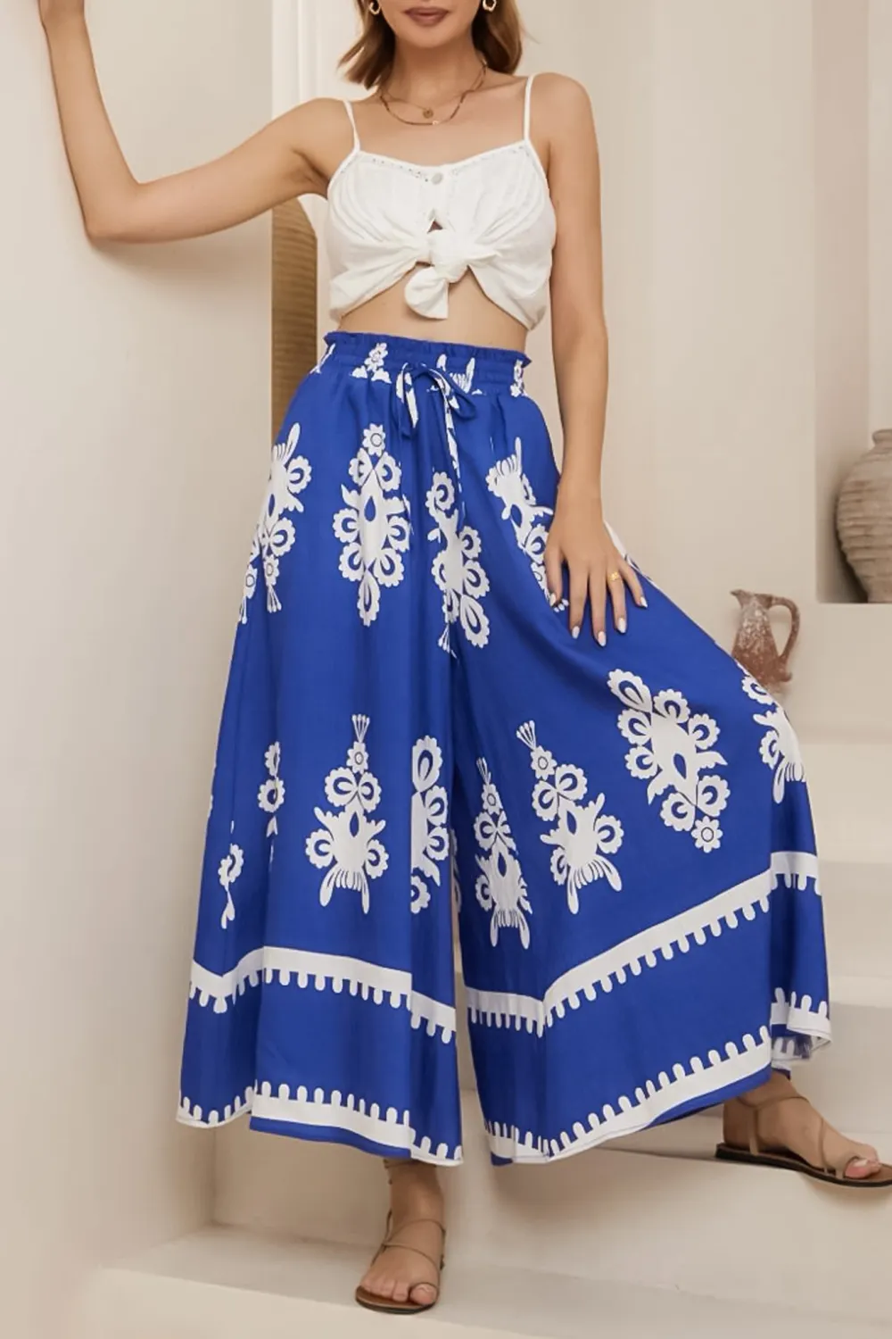 Blue Patterned High Waist Wide Leg Pants
