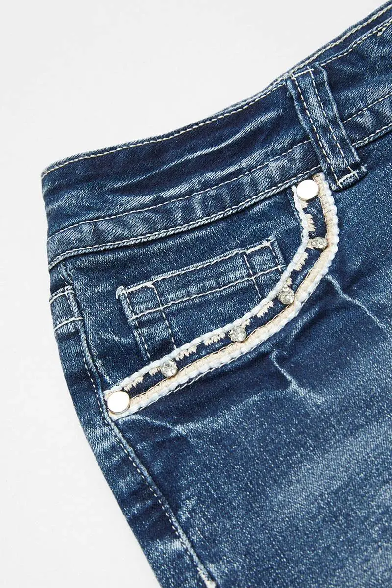 Bull & Floral Embroidered Raw Hem Mid Rise Denim Shorts