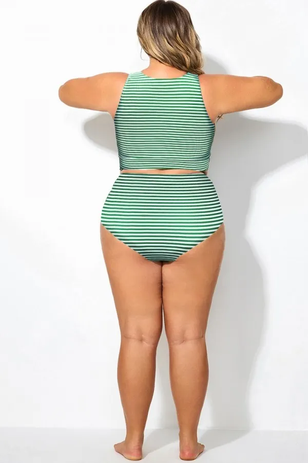 Green Striped Elegant High Waist Swim Brief
