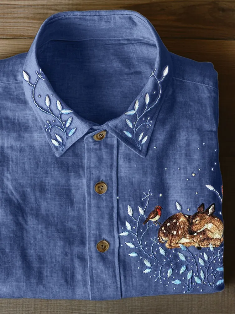 Sleeping Deer Forest Embroidered Linen Blend Blouse