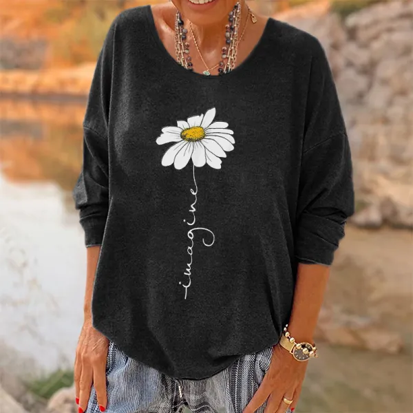 Oversized Imagine Little Daisy Printed Hippie Long Sleeves T-shirt