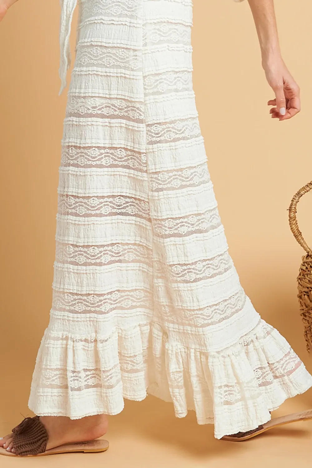 White Crochet Detail High Waisted Maxi Skirt