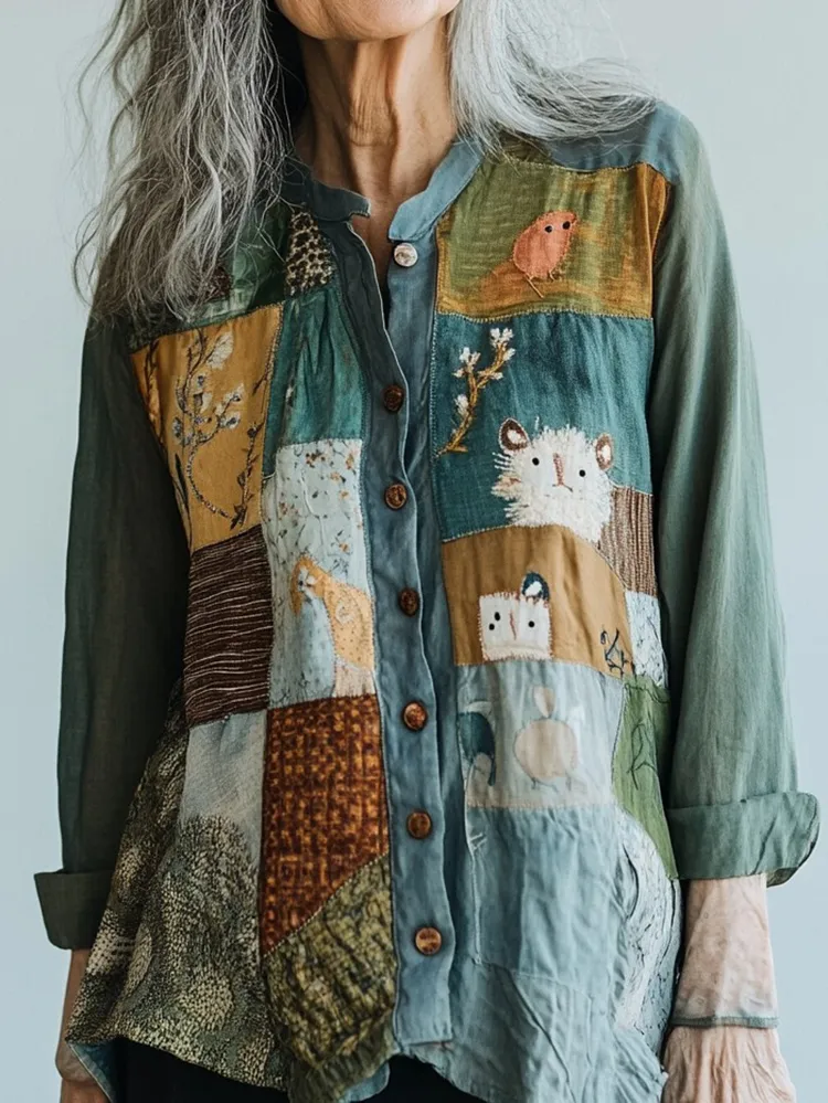 Bohemian Style Patchwork Art Animal Forest Embroidery Linen Long Sleeve Shirt