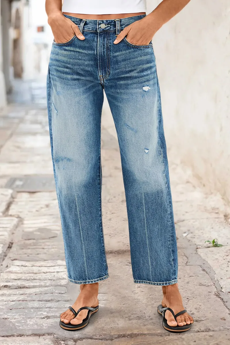 Crease Ripped High Waist Barrel Leg Cropped Jeans