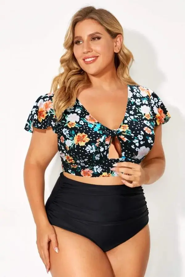 Floral Print V-Neck Retro Women Bikini Top