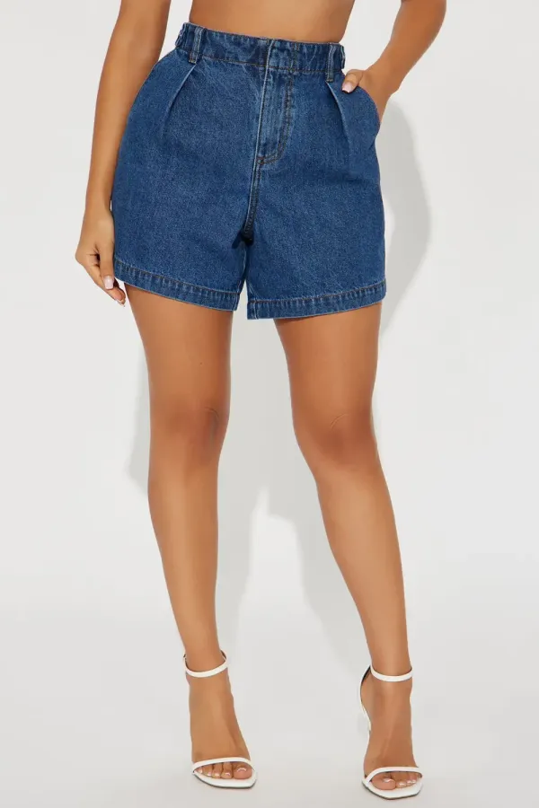 Allise Pleated Trouser Denim Shorts - Dark Wash