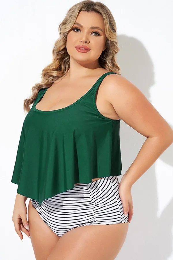 Striped Scoop Neck Ruched Flounce Blouson Tankini Top