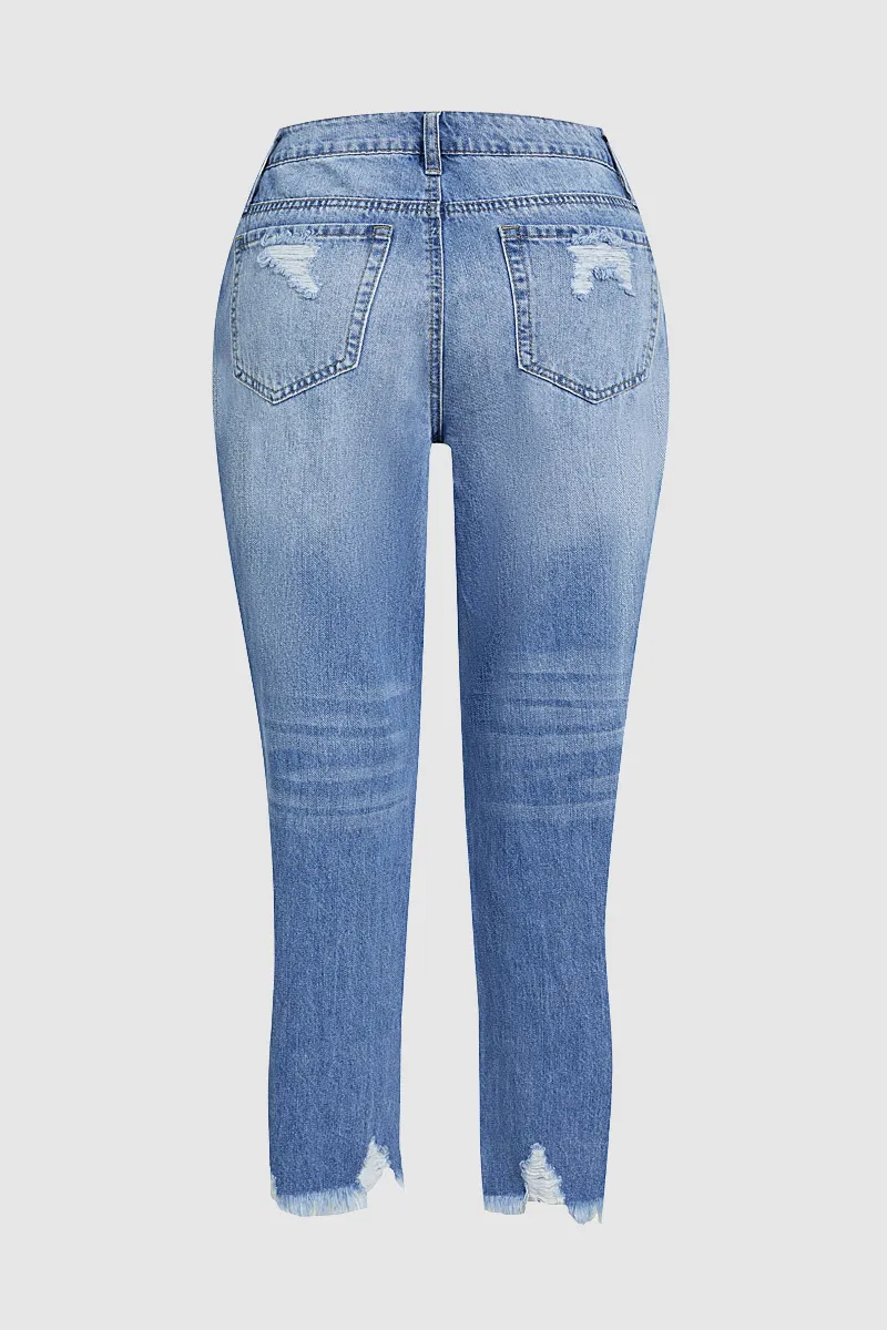 Wash Ripped Raw Hem Mid Rise Crop Jeans