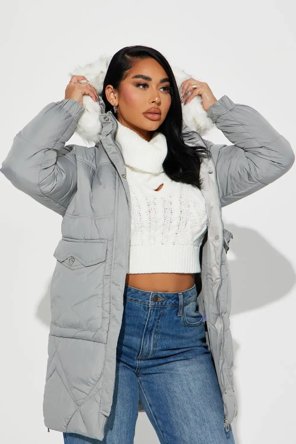 Elsa Long Puffer Jacket - Grey