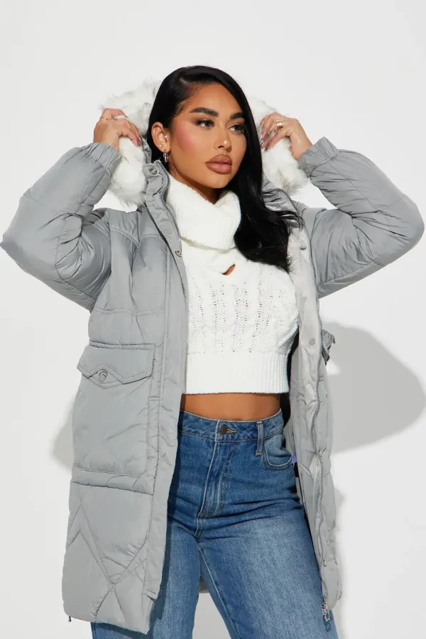 Elsa Long Puffer Jacket - Grey