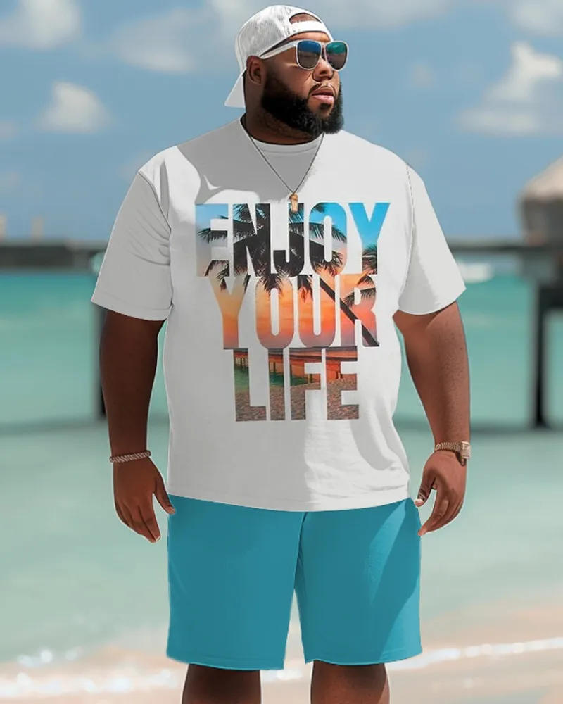 Big Men'S Gradient Coconut Tree T-Shirt And Shorts Set