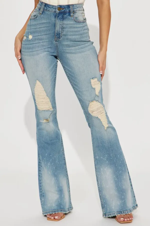 Just A Sec Ripped Low Stretch Flare Jeans - Light Wash