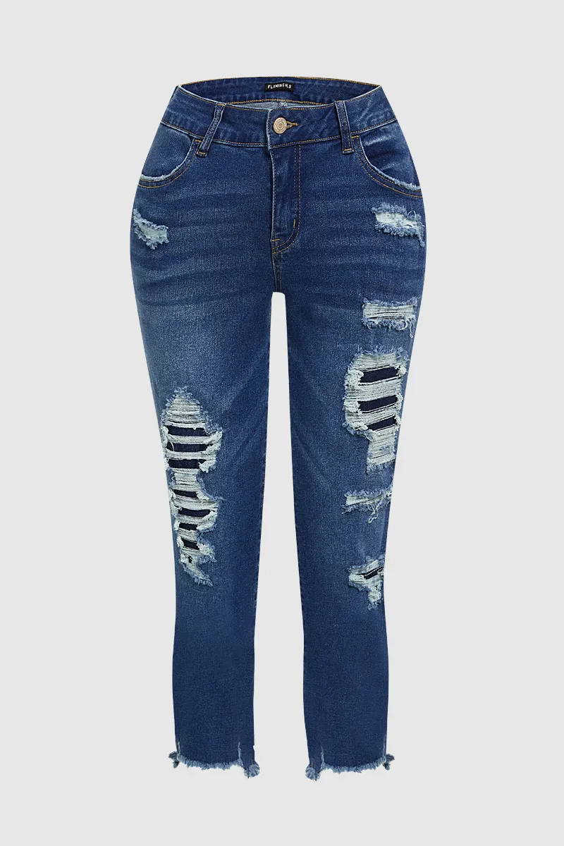 Cut Out Stitch Detail Raw Hem Mid Waist Capri Jeans