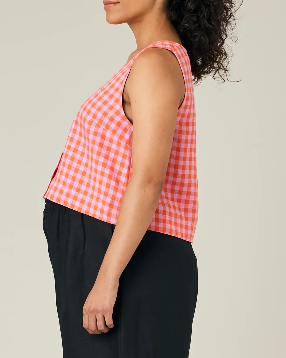 TOMATO & PINK CHECK LINEN TOP