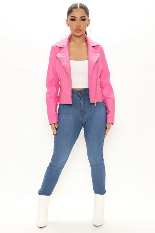 Out For A Ride Vegan Leather Moto Jacket - Pink/Pink