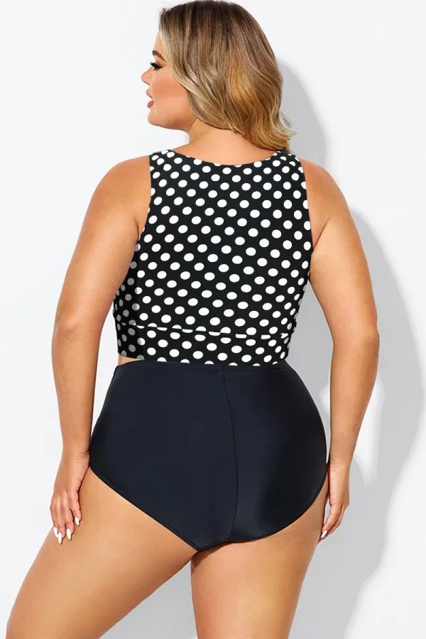 Plus Size Black Polka Dot Knotted Crop Bikini Top