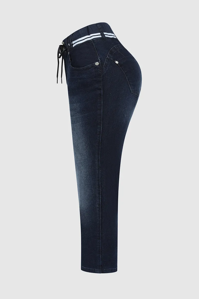 Wash Contrast Binding Double Button Drawstring Mid Waist Capri Jeans
