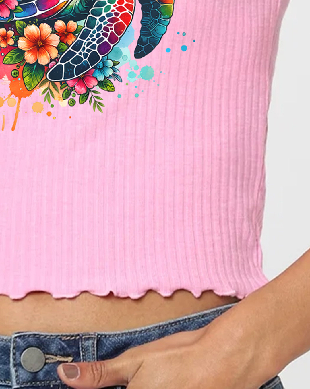 Pink Ribbed Turtle Print Cropped T-Shirt